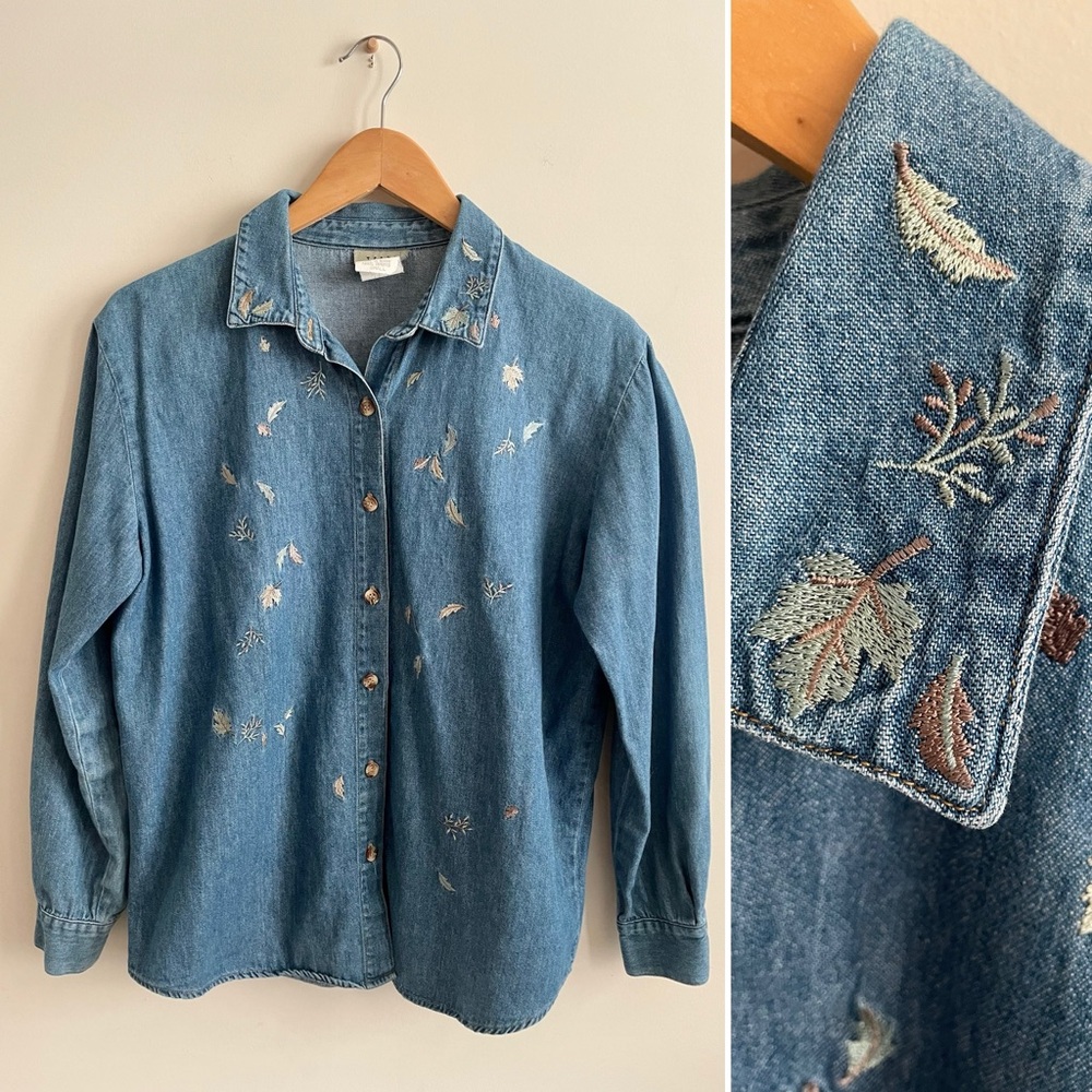 Vintage Leaves Embroidered Denim Shirt